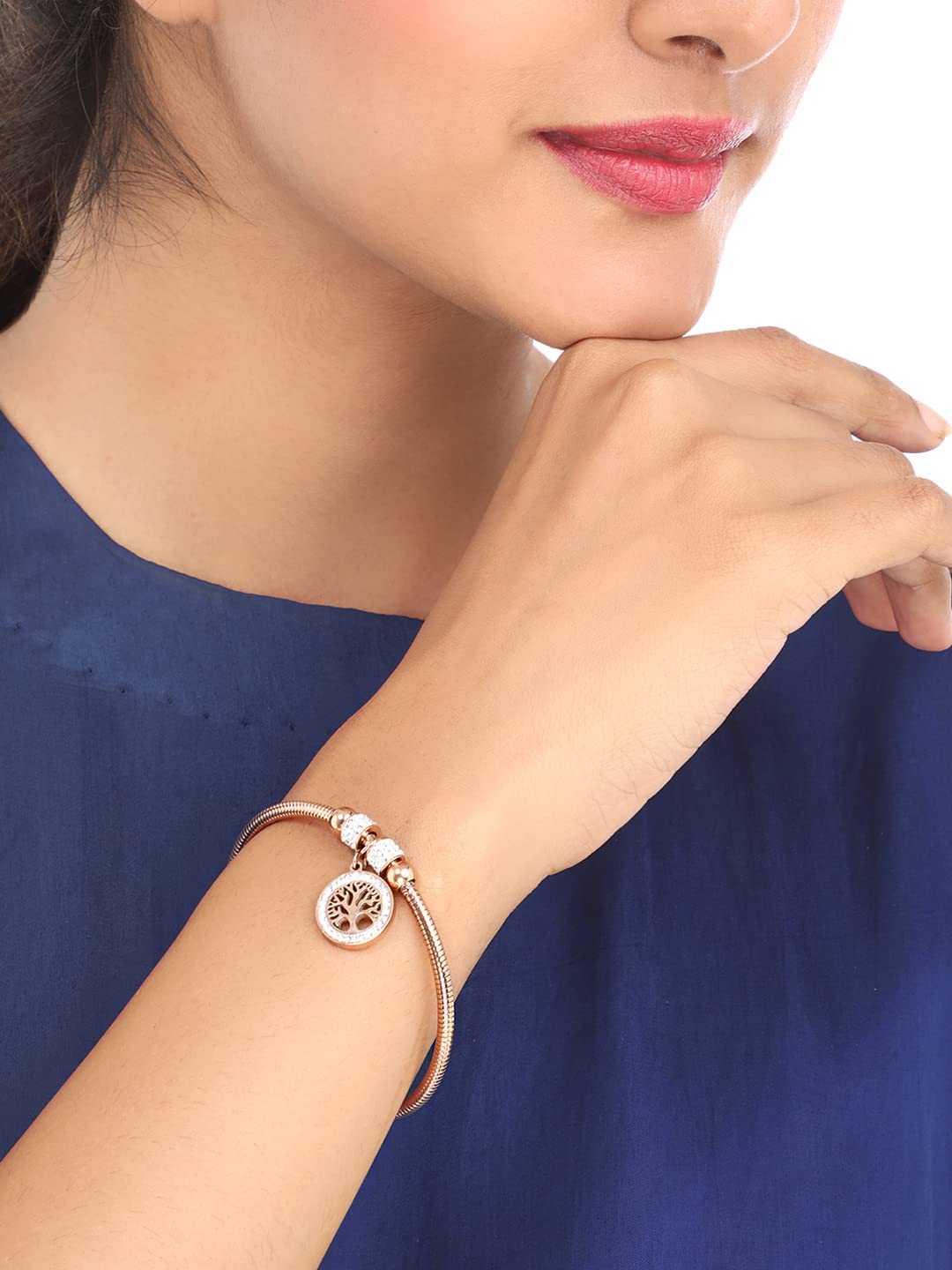 Yellow Chimes Rosegold Bracelet for Women Elegant Stainless Steel Rose Gold Plated Crystal Tree of Life Charm Kada Bracelet for Women and Girls