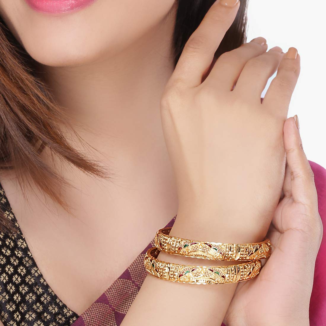 Yellow Chimes Latest Design Ethnic Look Gold Plated Designer Traditional 2 Pcs Bangles Set for Women and Girls (2.6)