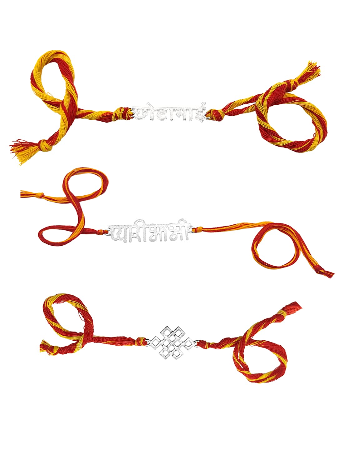 Yellow Chimes Combo of 3 Pcs Handmade Dori Worked Silver Toned Chota Bhai Pyari Bhabhi and Celtic Design Bhaiya Bhabhi Rakhi with Roli & Chawal, Red, Silver, Medium (YCTJRK-08BAIBHIB-C-SL) for Mens