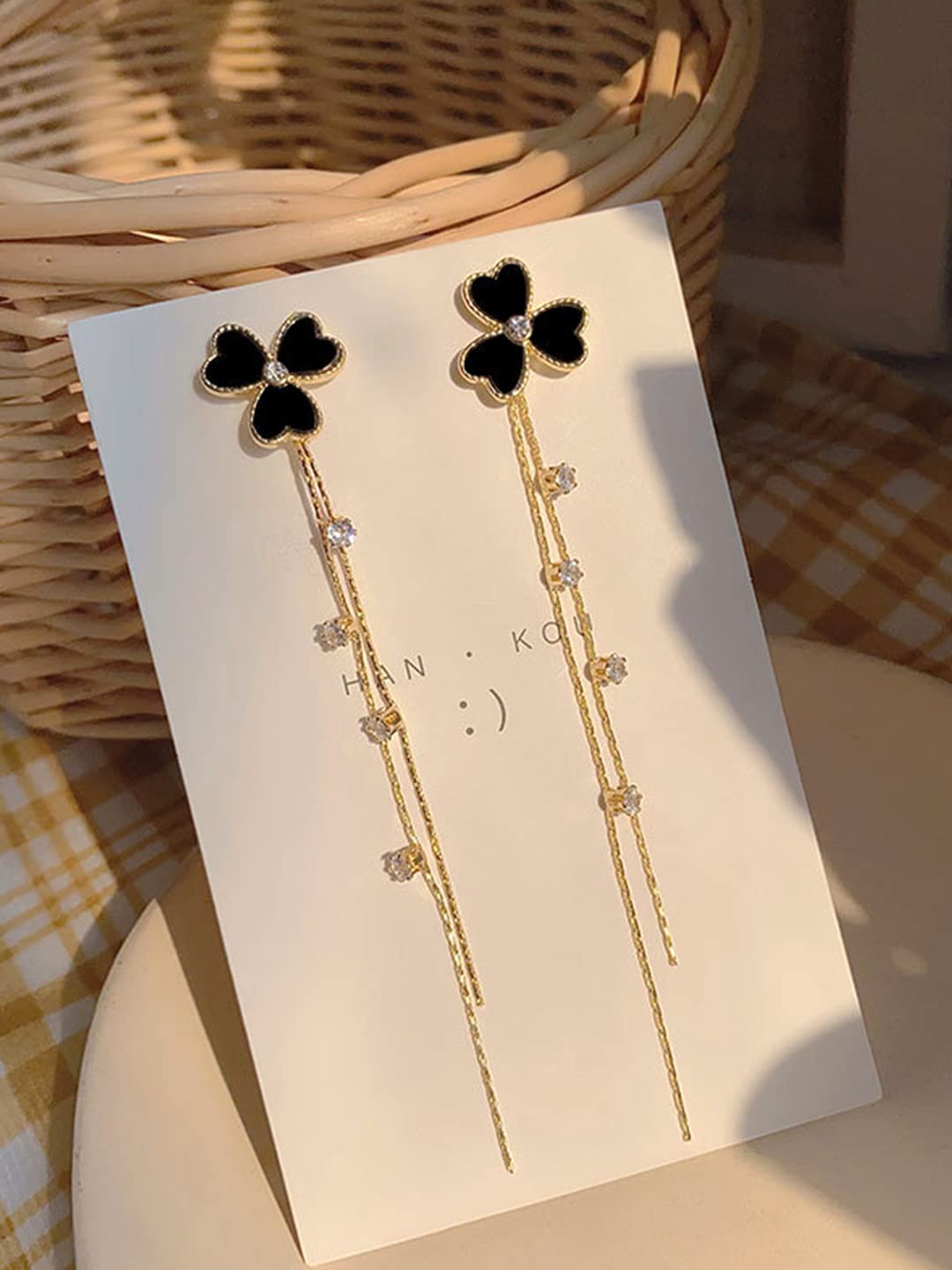 Yellow Chimes Earrings For Women Gold Tone Black Triple Heart Shape With Linear Long Chain Dangle Earring For Women and Girls