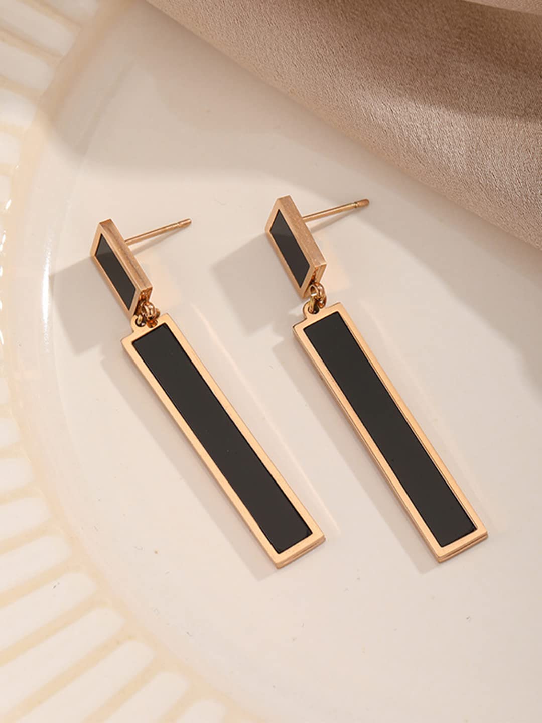 Yellow Chimes Long Earrings for Women Western Rose Gold Plated Stainless Steel Black Square Drop Danglers Earrings For Women and Girls