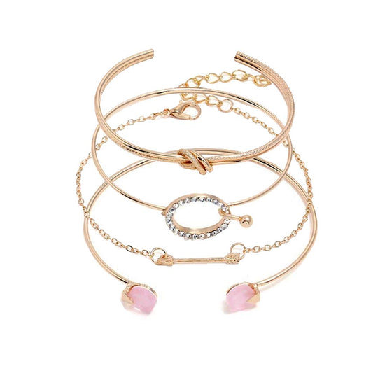 Yellow Chimes Combo of 4 Pcs Multilayer Crystal Round Arrow Knot Gold Plated Cuff Bracelet for Women and Girl's