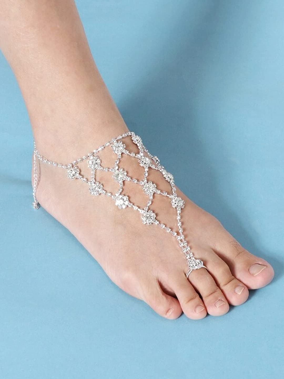 Yellow Chimes Crystal Anklets with Toe Ring for Women Beach Anklet Chain with White Crystals Lady's Beach Wedding Foot Jewelry For Women and Girls