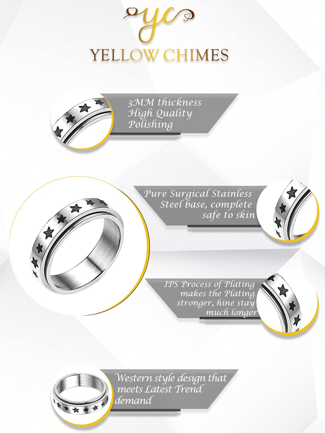 Yellow Chimes Spinner Rings Stainless Steel Stress Relieving Rotatable Spinner Ring for Women and Men (Model-4)