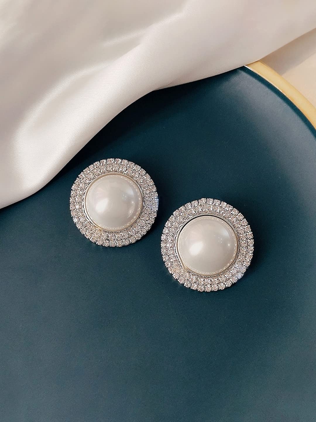 Yellow Chimes Earrings for Women and Girls Studs for Girls | Silver TOned White Pearl & Crystal Studded Circular Designed Stud Earrings | Birthday Gift for girls and women Anniversary Gift for Wife