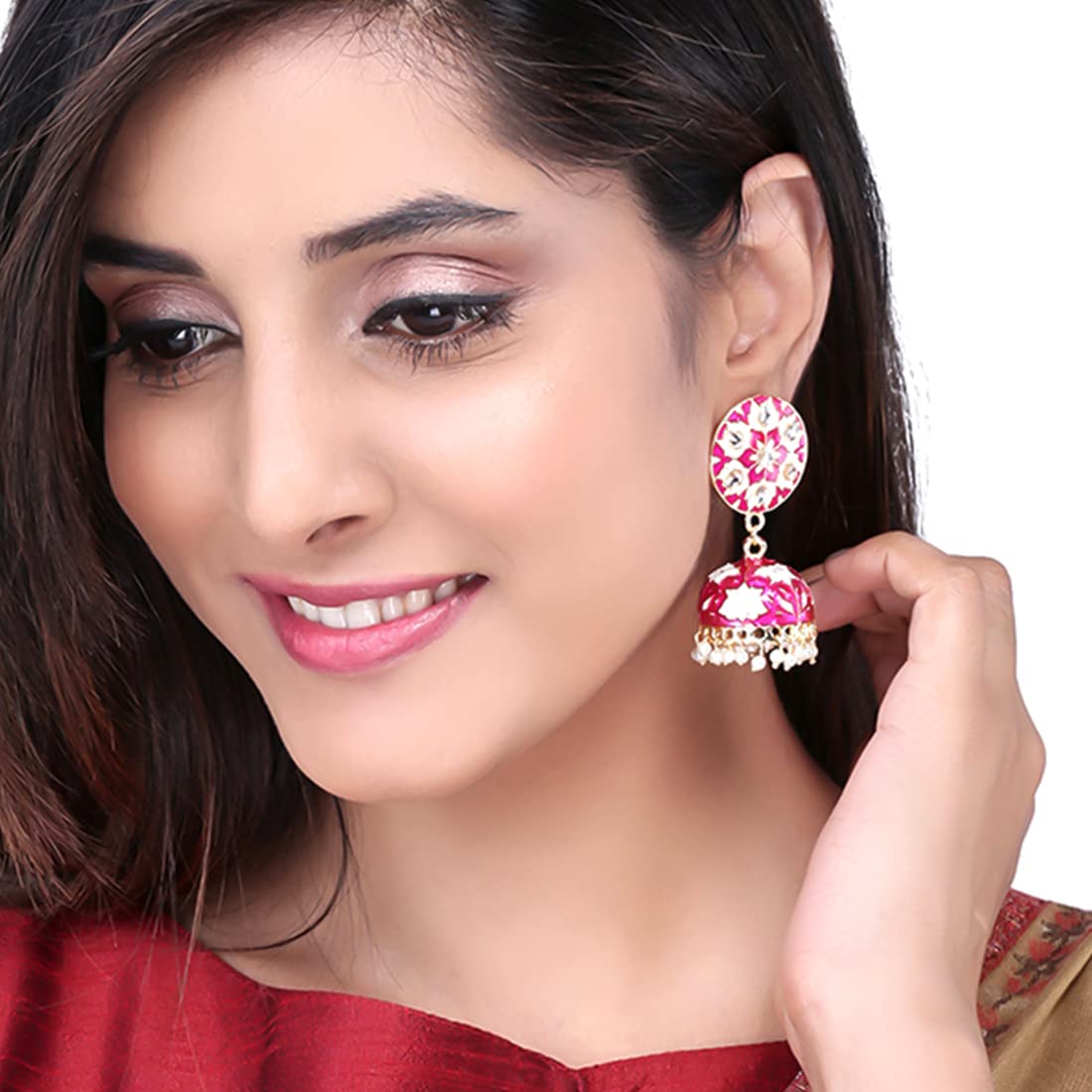 Kairangi Earrings for Women and Girls | Traditional Pink Meenakari Jhumka | Gold Plated Kundan Jhumkas | Floral Jhumki Earrings | Birthday Gift for Girls and Women Anniversary Gift for Wife