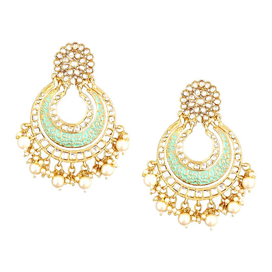 Yellow Chimes Ethnic Gold Plated Green Meenakari Touch Traditional Kundan Studded Floral Design Pearl moti Chandbali Earrings for Women and Girls, Gold, Green, Medium, YCTJER-84KDCHD-GR