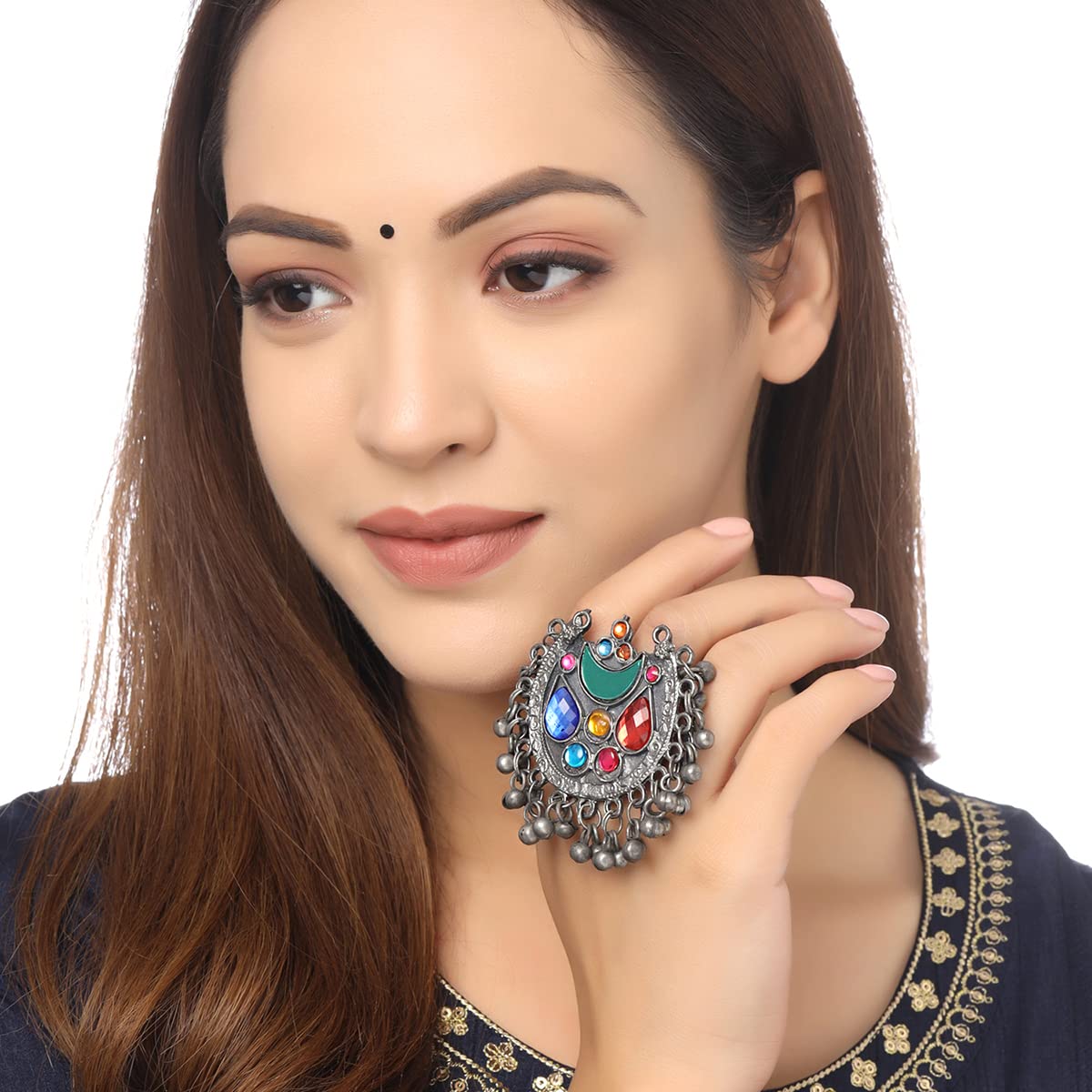 Yellow Chimes Rings For Women Afgahni Silver Oxidised Multicolor Stone Studded Ghungroo Beaded Antique Finger Ring For Women and Girls