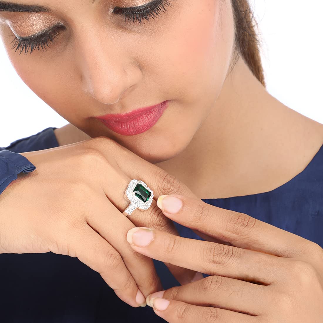 Yellow Chimes Rings for Women and Girls | Green and White Crystal Studded Ring | Cocktail Style Manmade Emerald Green Crystal Rings | Silver Tone Finger Ring| Square Shaped Finger Ring for Women | Accessories Jewellery for Women | Birthday Gift for Girls