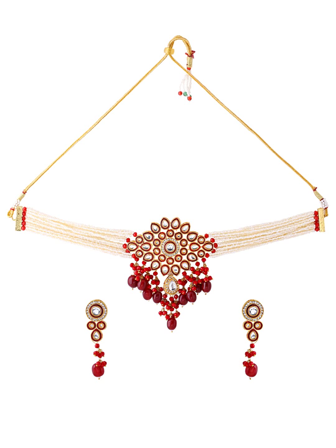 Yellow Chimes Kundan Jewellery Set for Women Ethnic Artificial Beads Red Floral Traditional Choker Necklace Set for Women and Girls