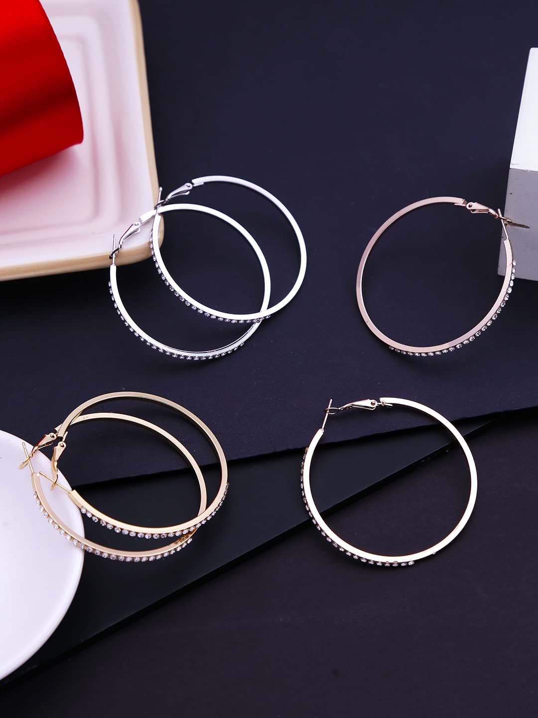 Kairangi Earrings for Women and Girls Fashion Multicolor Hoop Earrings | 3 Pairs Silver Gold Rose Gold Toned Hoops Earring Set | Birthday Gift for Girls & Women Anniversary Gift for Wife