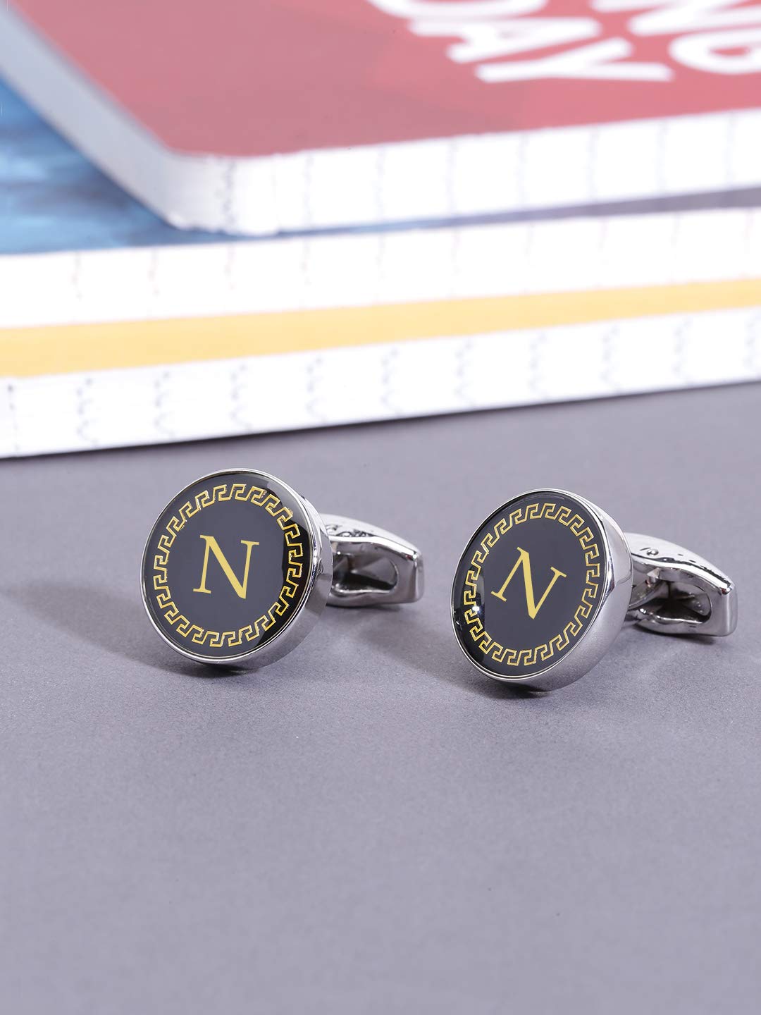 Yellow Chimes Cufflinks for Men Alphabets Cuff links Letter N Statement Stainless Steel Cufflinks for Men and Boy's.