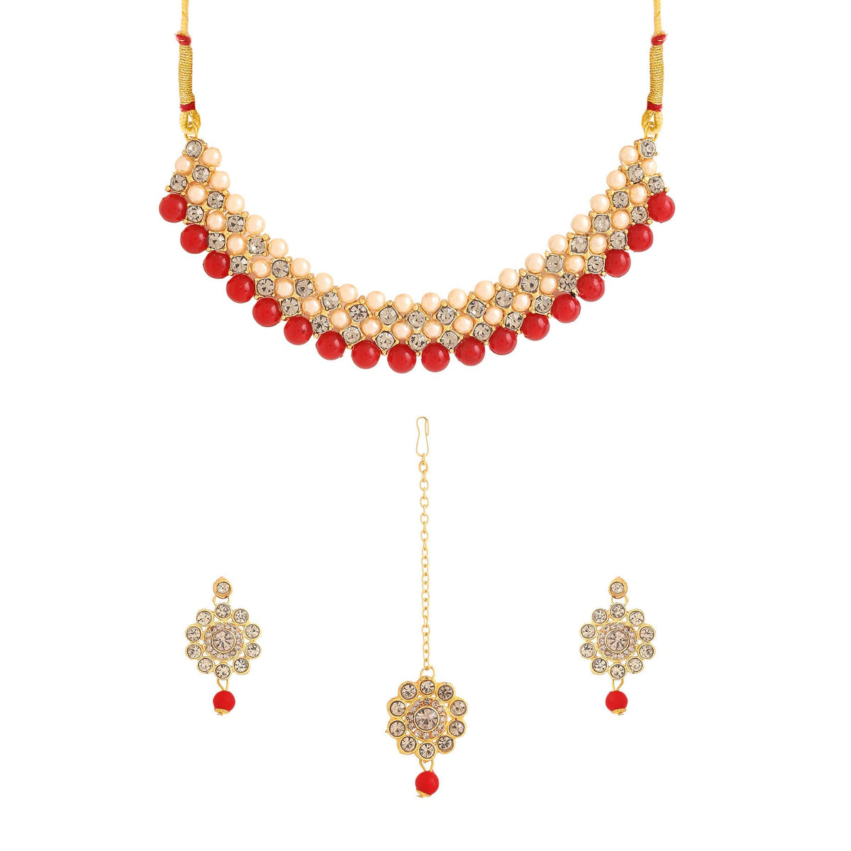Yellow Chimes Jewellery Set for Women | Traditional Red Kundan Beads Choker Necklace Set | Ethnic Gold Plated Choker Set for Girls Birthday Gift for Girls & Women Anniversary Gift for Wife