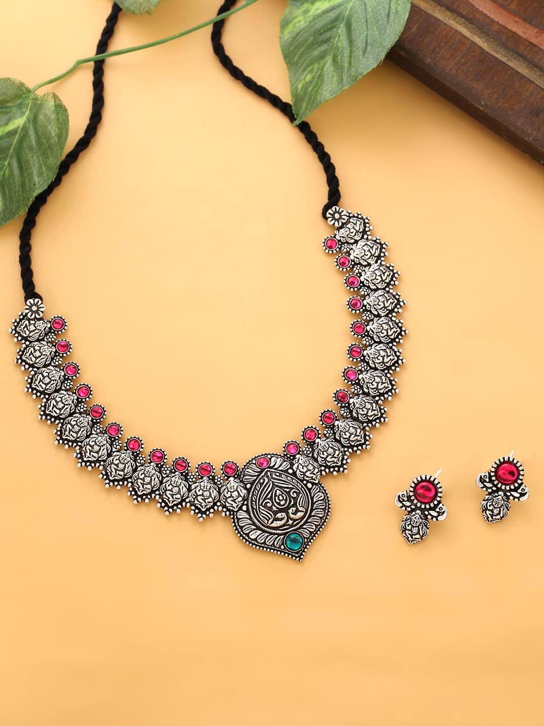 Yellow Chimes Oxidised Jewellery Set for Women Authentic Kolhapuri Work Handmade Silver Pink Kundan Choker Necklace Sets for Women and Girls.