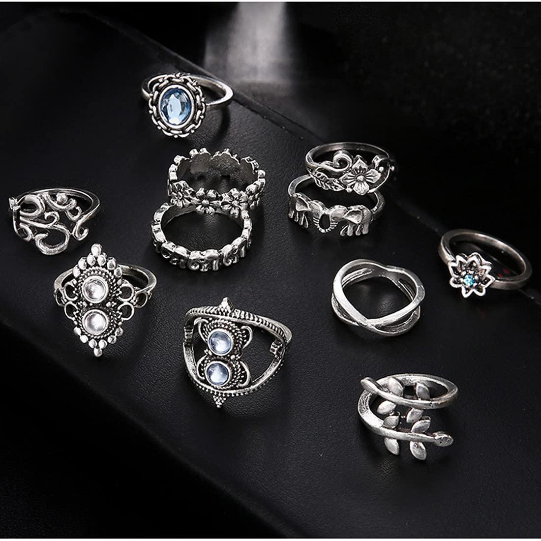 Yellow Chimes 11 Pieces Combo Studded Stone Design Vintage Style Midi Finger Silver Oxidised Knuckle Rings Set for Women and Girls (Model: YCFJRG-87STOXDN-C-SL)