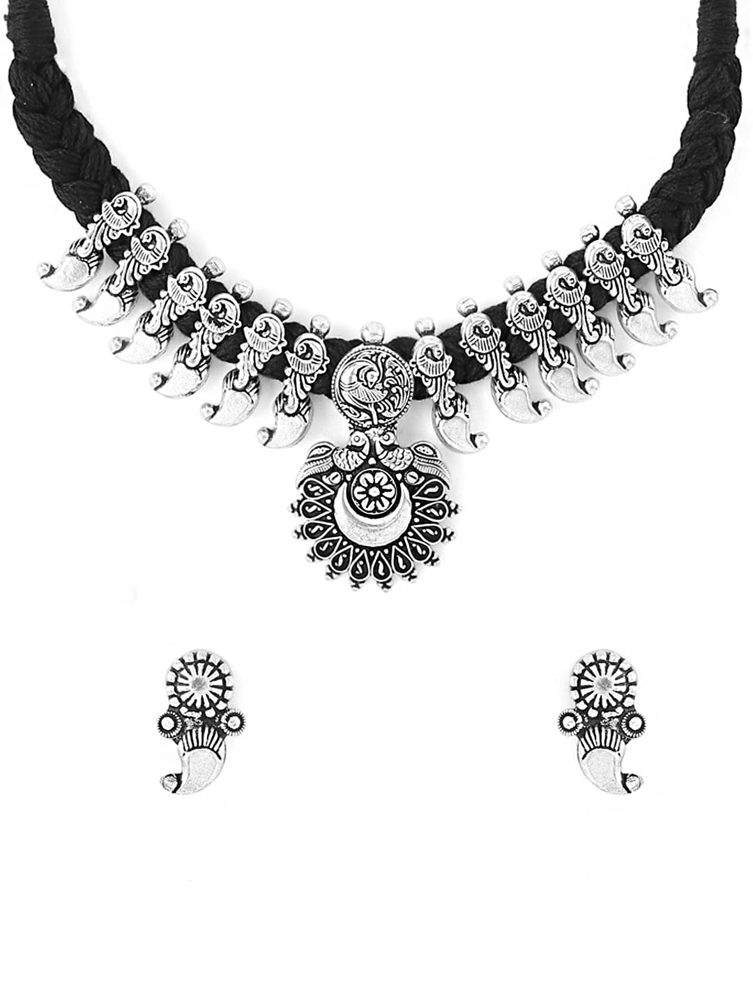 Yellow Chimes Oxidised Necklace Set Silver Kolhapuri Necklace Traditional Necklace Set For Women & Girls