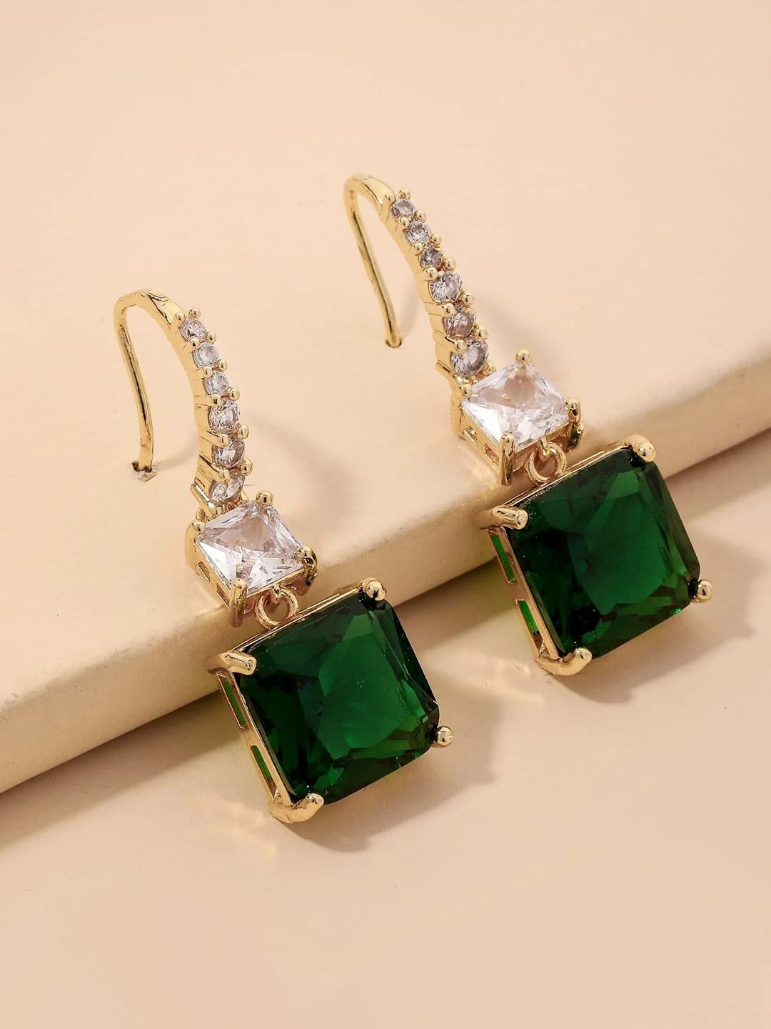 Kairangi Earrings For Women Green Color Crystal Studded Huggie Hoop With Rectangular Drop Earrings For Women and Girls