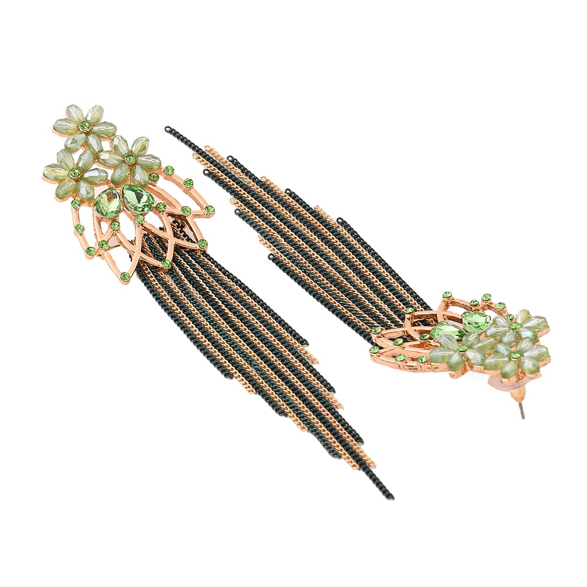 Yellow Chimes Crystal Danglers Earrings for Women Floral Shaped Crystal Green Long Chain Dangler Earrings for Women and Girls