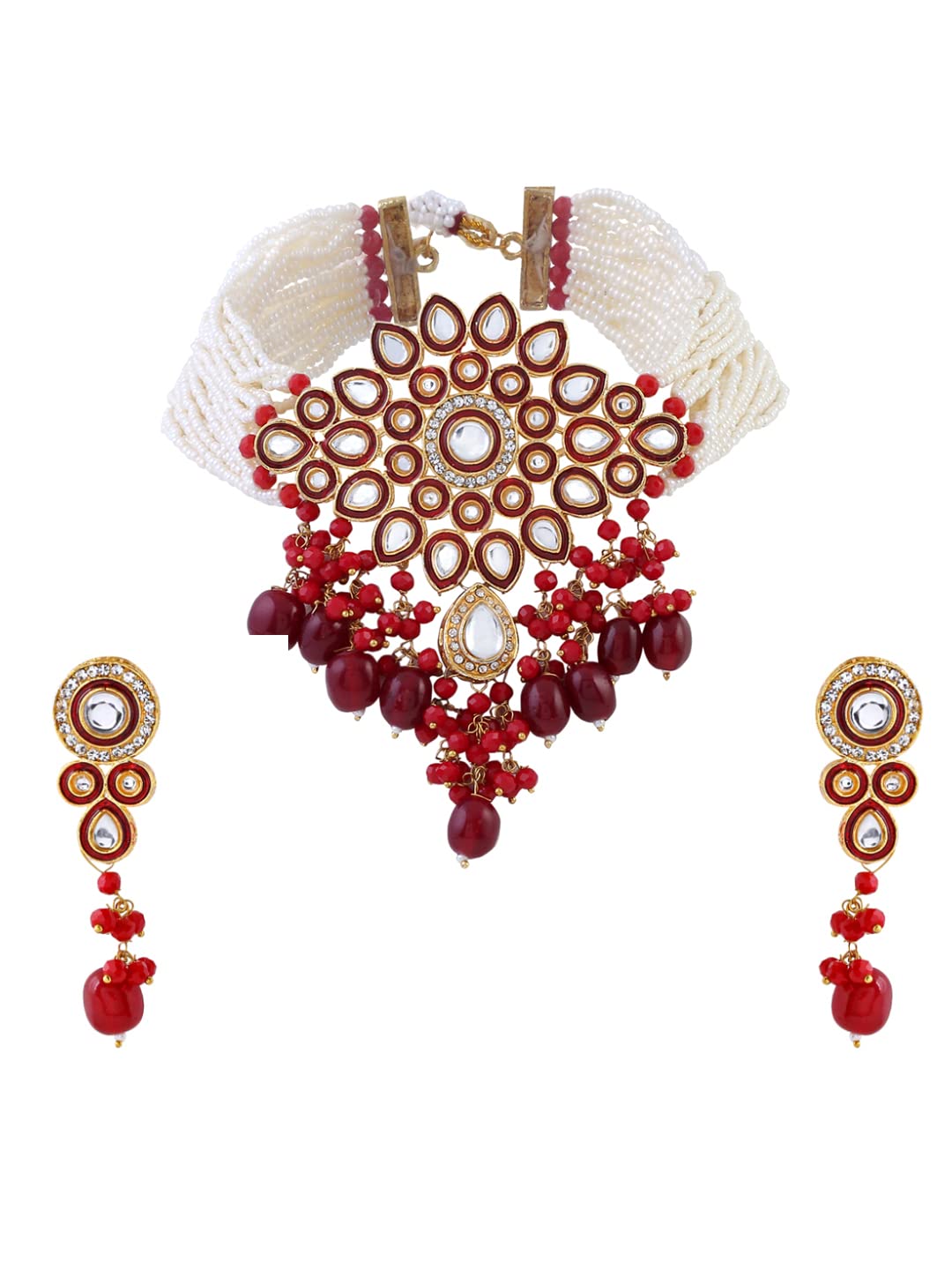 Yellow Chimes Kundan Jewellery Set for Women Ethnic Artificial Beads Red Floral Traditional Choker Necklace Set for Women and Girls