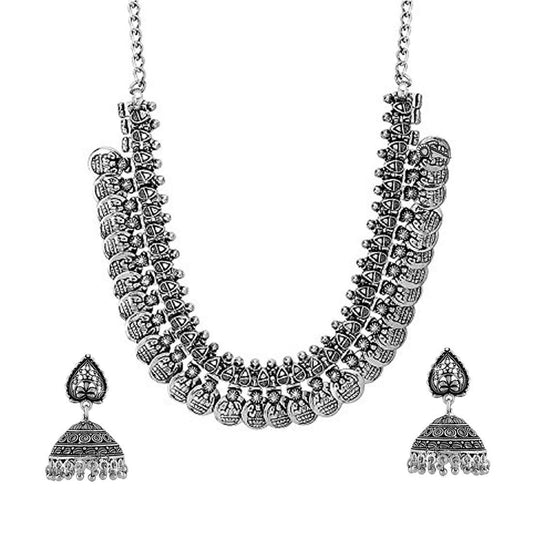 Yellow Chimes Women's Traditional Silver Oxidised Silver Afghani Style Oxidized Coin Choker Necklace Set