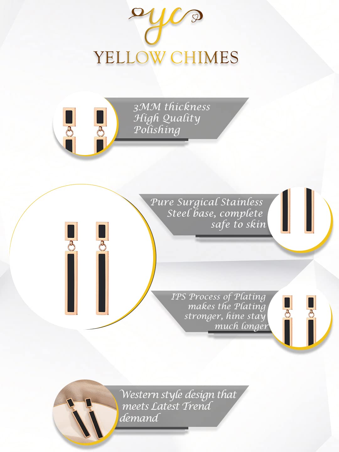 Yellow Chimes Long Earrings for Women Western Rose Gold Plated Stainless Steel Black Square Drop Danglers Earrings For Women and Girls