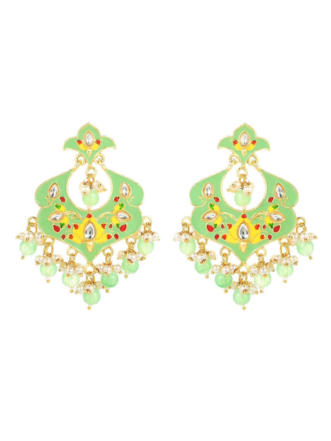 Yellow Chimes Ethnic Gold Plated Traditional Beads Green Meenakari Floral Design Chandbali Earrings for Women and Girls, Medium (YCTJER-99MNKFLW-GR)
