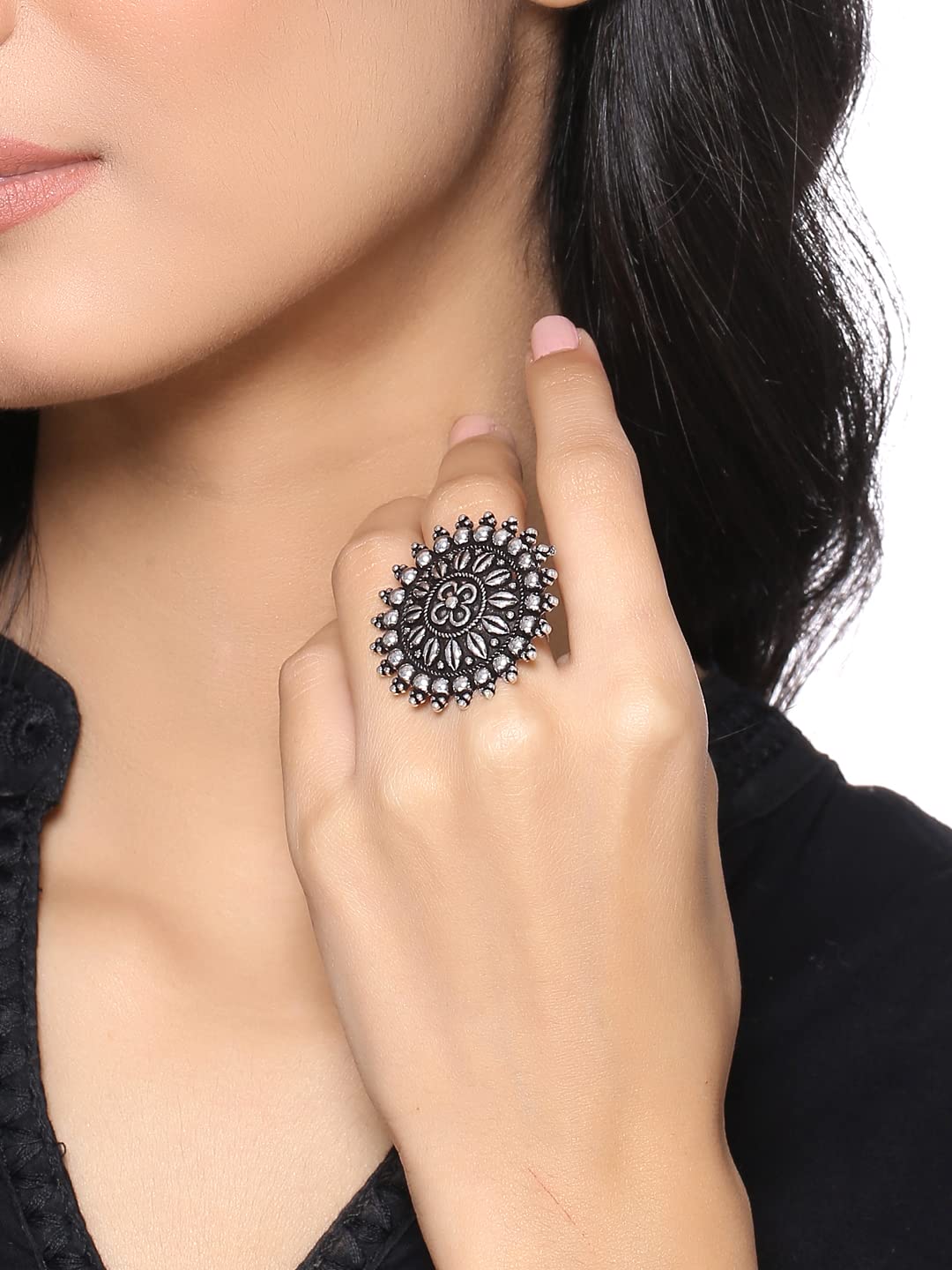 Yellow Chimes Rings for Women and Girls | Traditional Silver Oxidised Ring Set | Big Charm Floral Oxidised Rings for Girls | Floral Shaped Combo for Women | Accessories Jewellery for Women | Birthday Gift for Girls and Women Anniversary Gift for Wife