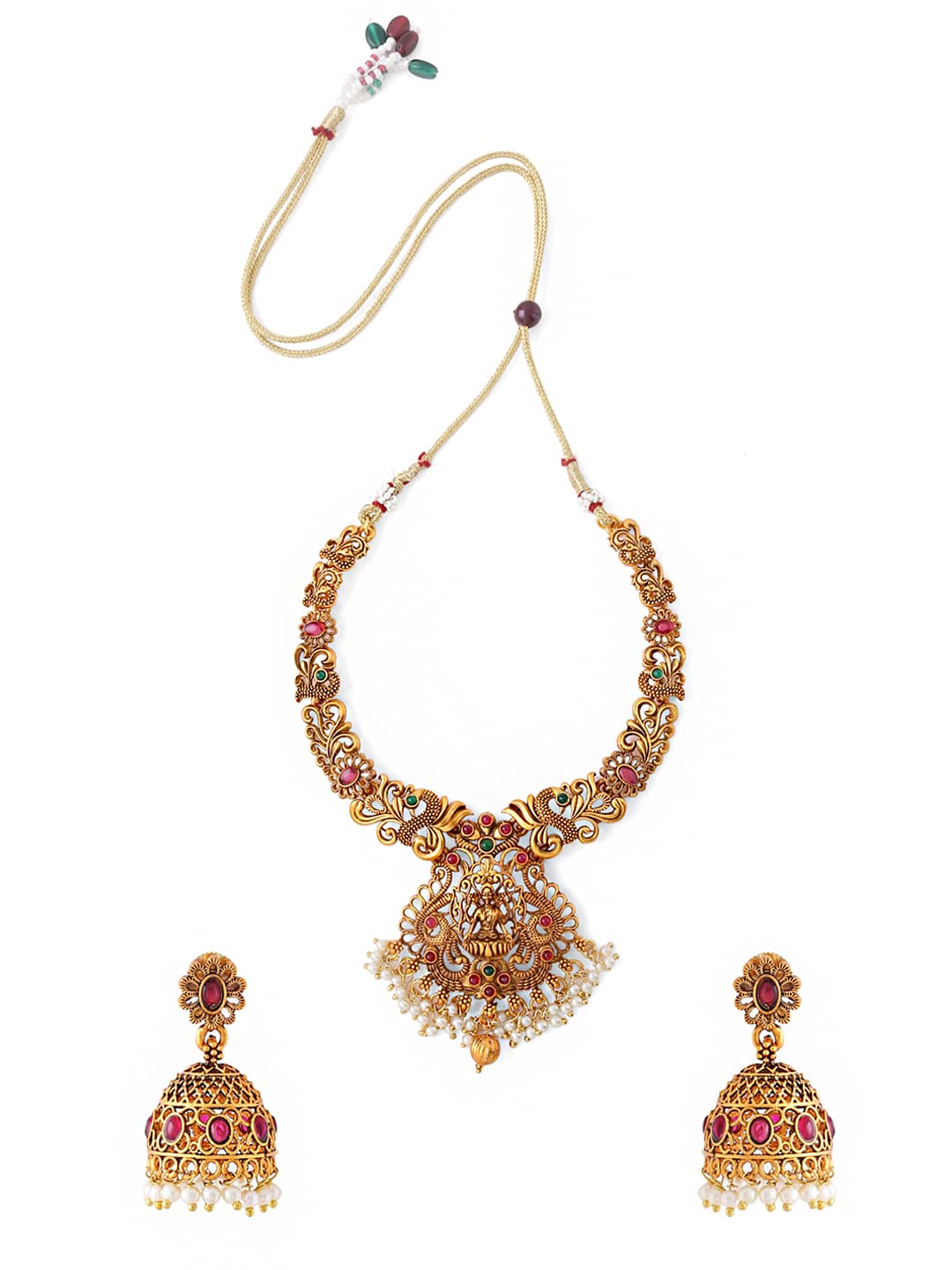 Yellow Chimes Necklace Set for Women And Girls Traditional Jewellery Set for Women Gold-Plated Temple Necklace Set Stone-Studded Necklace Set For Women & Girls