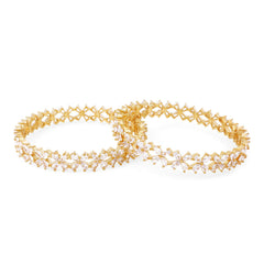 Yellow Chimes Elegant Set of 2 Pcs White AD/American Diamond Studded 18k Gold Plated Handcrafted Floral Bangles for Women & Girls (2.8)