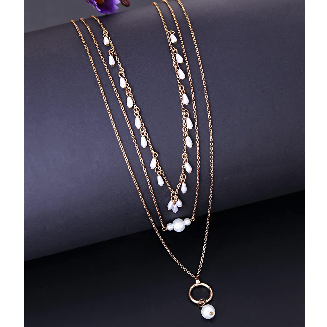 Yellow Chimes Layered Necklace for Women Gold Plated Charming MultiLayered White Pearl Drop Chain Necklace for Women and Girls