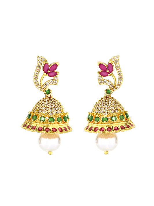 Yellow Chimes Classic AD/American Diamond Studded Pink Floral Design Pearl Drop Gold Plated Jhumka Jhumki Earrings for Women and Girls, Medium