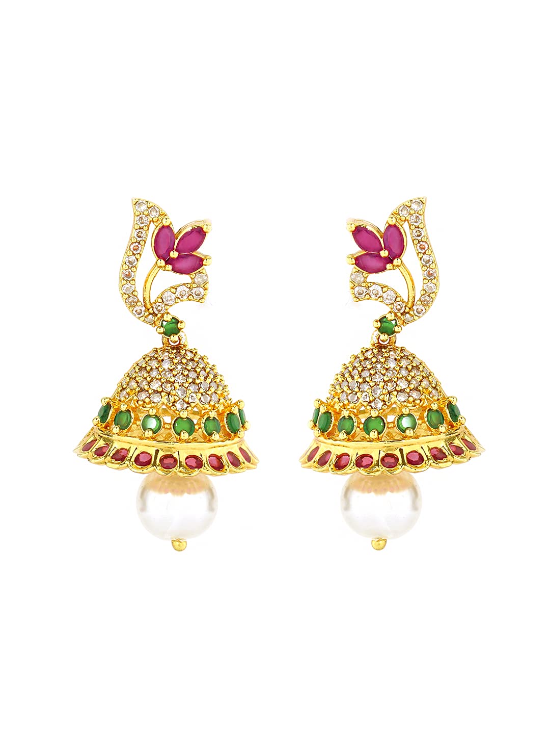 Yellow Chimes Classic AD/American Diamond Studded Pink Floral Design Pearl Drop Gold Plated Jhumka Jhumki Earrings for Women and Girls, Medium