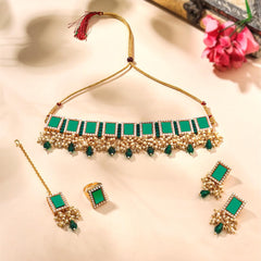 Yellow Chimes Jewellery Set for Women | Traditional Green Mothi Beads Choker Necklace Set | Ethnic Gold Plated Choker Set for Girls Birthday Gift for Girls & Women Anniversary Gift for Wife