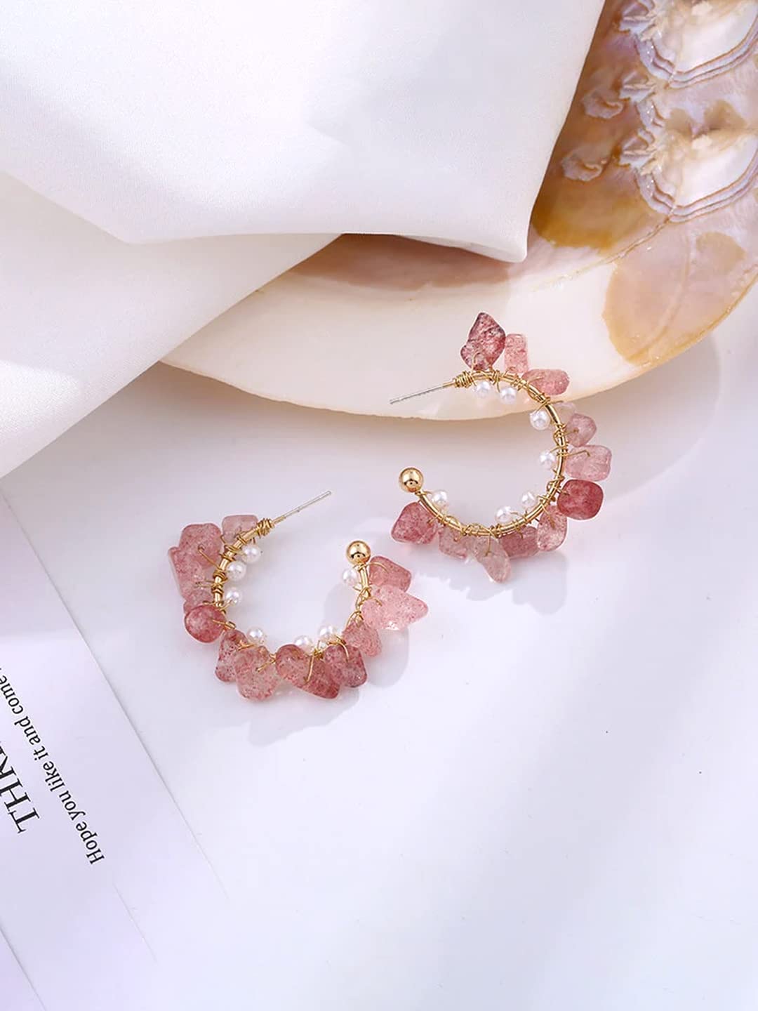 Yellow Chimes Earrings For Women Gold Tone Pink and White Stone Studded Round Half Bali Clip On Hoop Earrings For Women and Girls