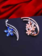 Yellow Chimes Elegant Latest Fashion Combo of 2 PCs Shawl Sweater Clip Blue Rose Gold Flower Crystal Brooch for Women and Girls, Medium