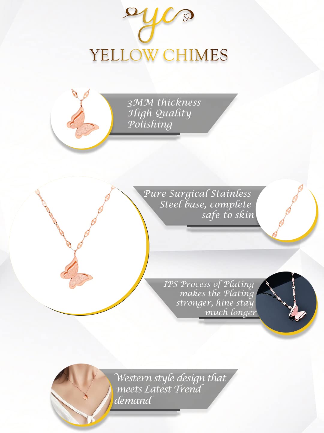 Yellow Chimes Butterfly Pendant for Women Statement Style Rose Gold Plated Butterfly Charm Chain Pendant Necklace for Women and Girls.