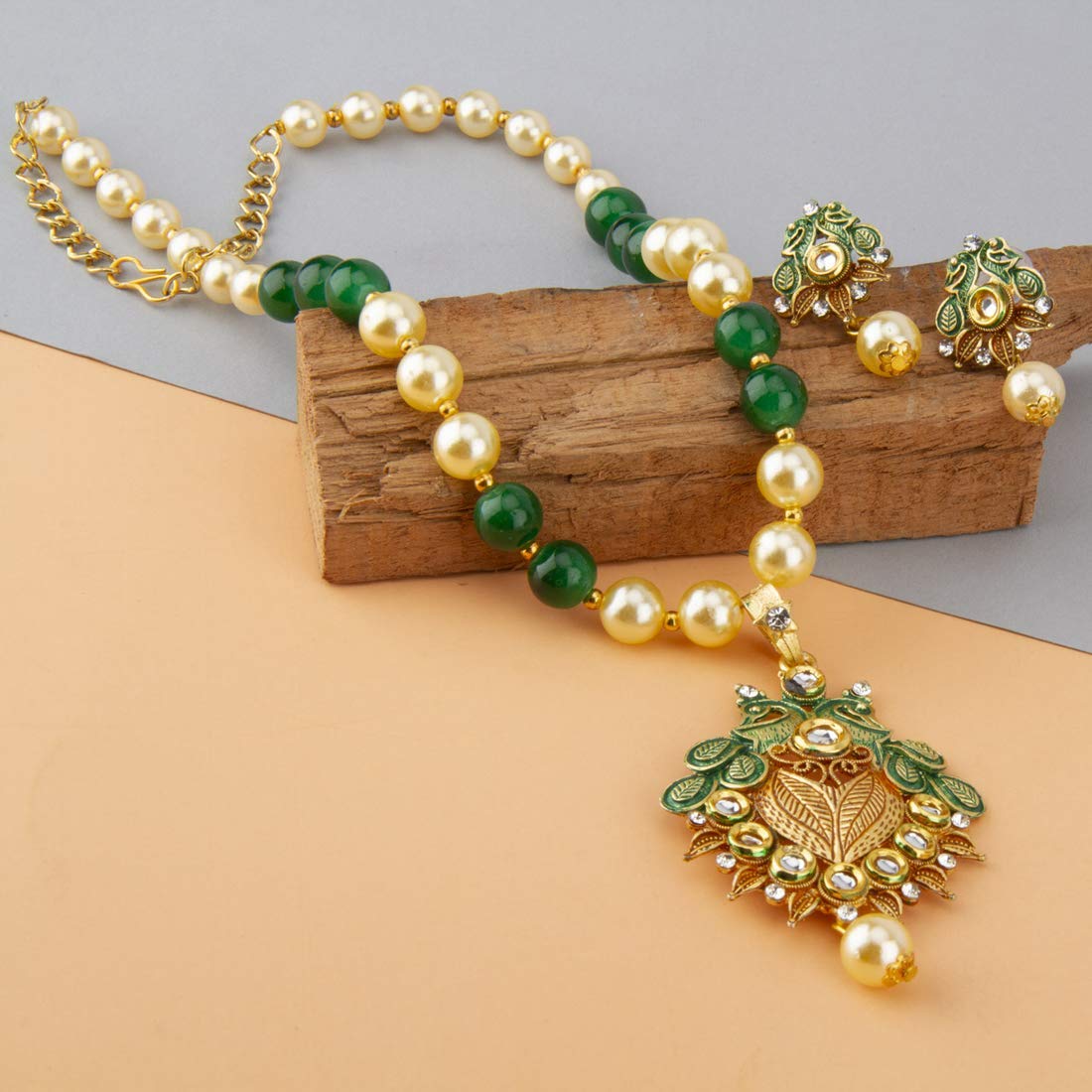 Yellow Chimes Exclusive Traditional Floral Peacock Desaign Pearl Kundan Necklace with Drop Earrings for Women