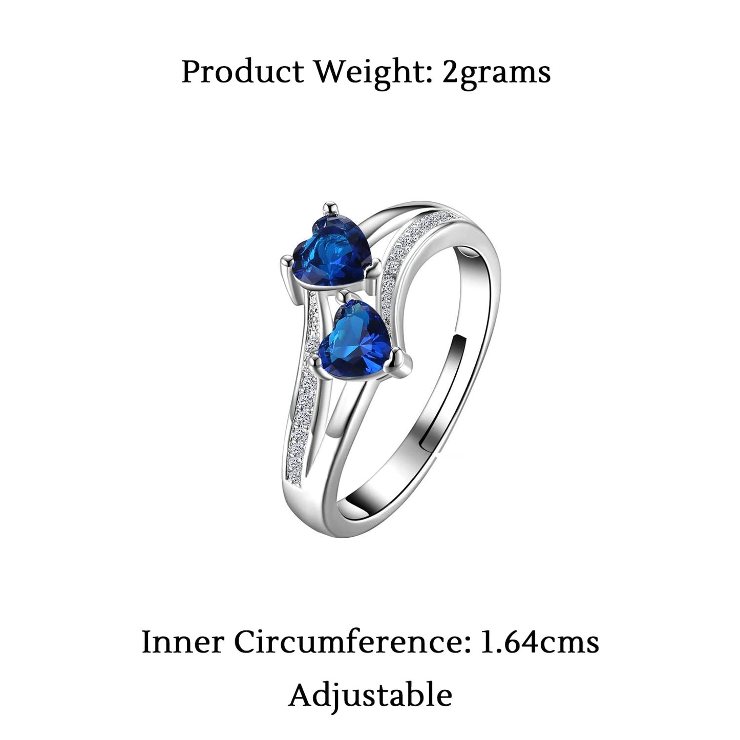 Yellow Chimes Rings for Women Valentines Special Dual Heart Adjustable Ring Silver Plated Blue Crystal Ring for Women and Girls.