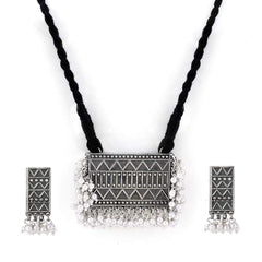 Yellow Chimes Silver Look Alike Plated Oxidized Jewellery Set Block Print Dori Thread Antique Necklace Set for Women and Girls