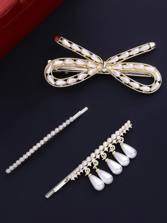 Yellow Chimes 3 pcs Fine Quality Stylish Bow Tie Design Pearl Hair Pin Bobby Pin Hair Clips Fashion Hair Accessories for Women Girls, White, Medium