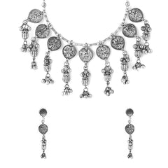Yellow Chimes Jewellery Set For Women Silver Oxidised Floral and Leaf Shaped Fattering Adjustable Choker Necklace Set For Women and Girls