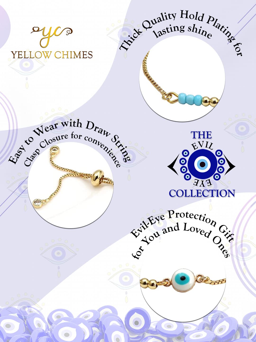 Yellow Chimes Evil Eye Beads Gold Plated Adjustable Unisex Hand Bracelet for Men and Women, Medium