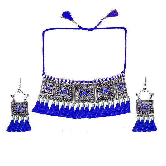 Yellow Chimes German Silver Oxidised Afghani Style Meenakari Touch Tassel with Cotton Threads Choker Necklace Set with Earrings Jewellery Set for Women & Girls (Blue)