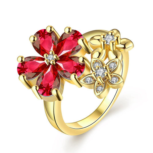 Yellow Chimes Rings for Women Floral Shaped Ring AAA Swiss Zircon Studded Gold Plated Red Adjustable Ring for Women and Girls.