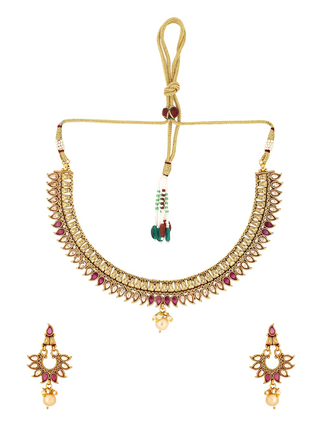 Yellow Chimes Jewellery Set for Women Gold Toned Floral Designed White and Red Crystal Studded Choker Necklace Set with Earrings for Women and Girls