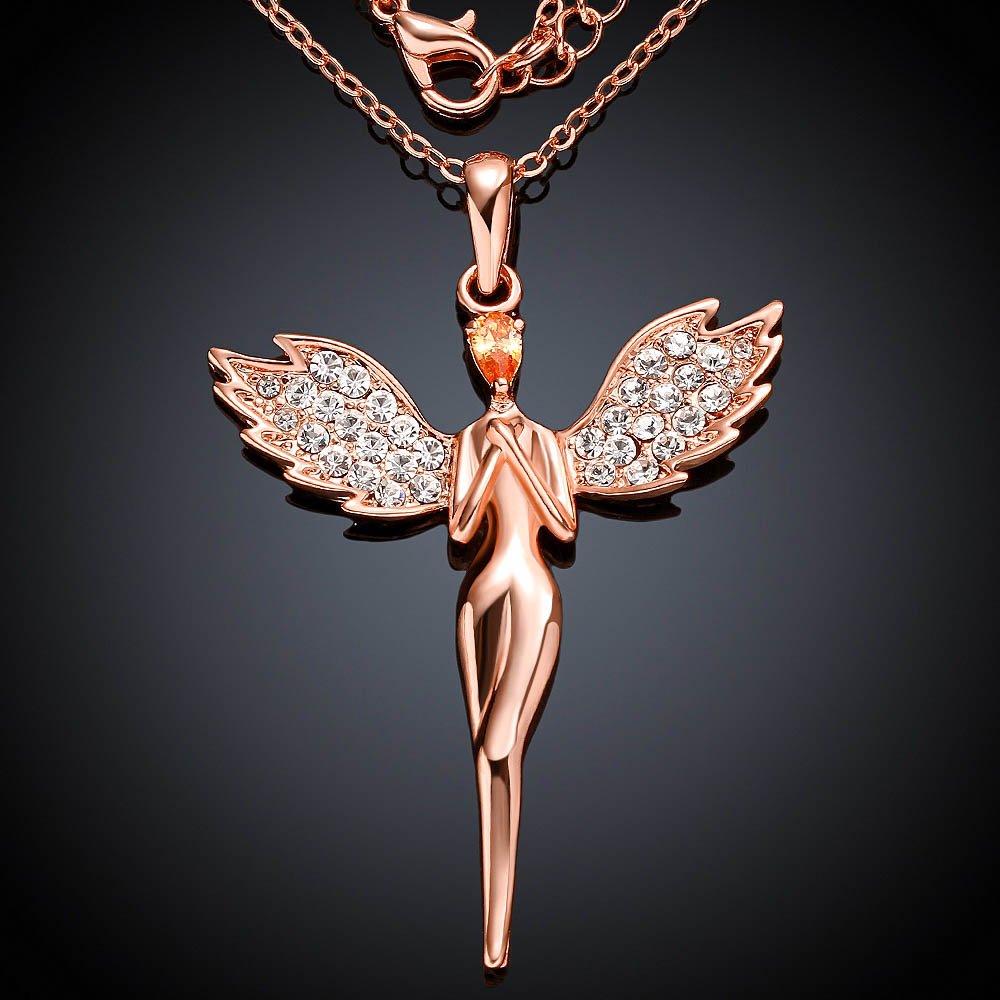 an Angel Pure Soul with Wings Pendant (Austrian Crystal Hallmarked 18K Rose Gold Plated) for Girls and Women by YELLOW CHIMES