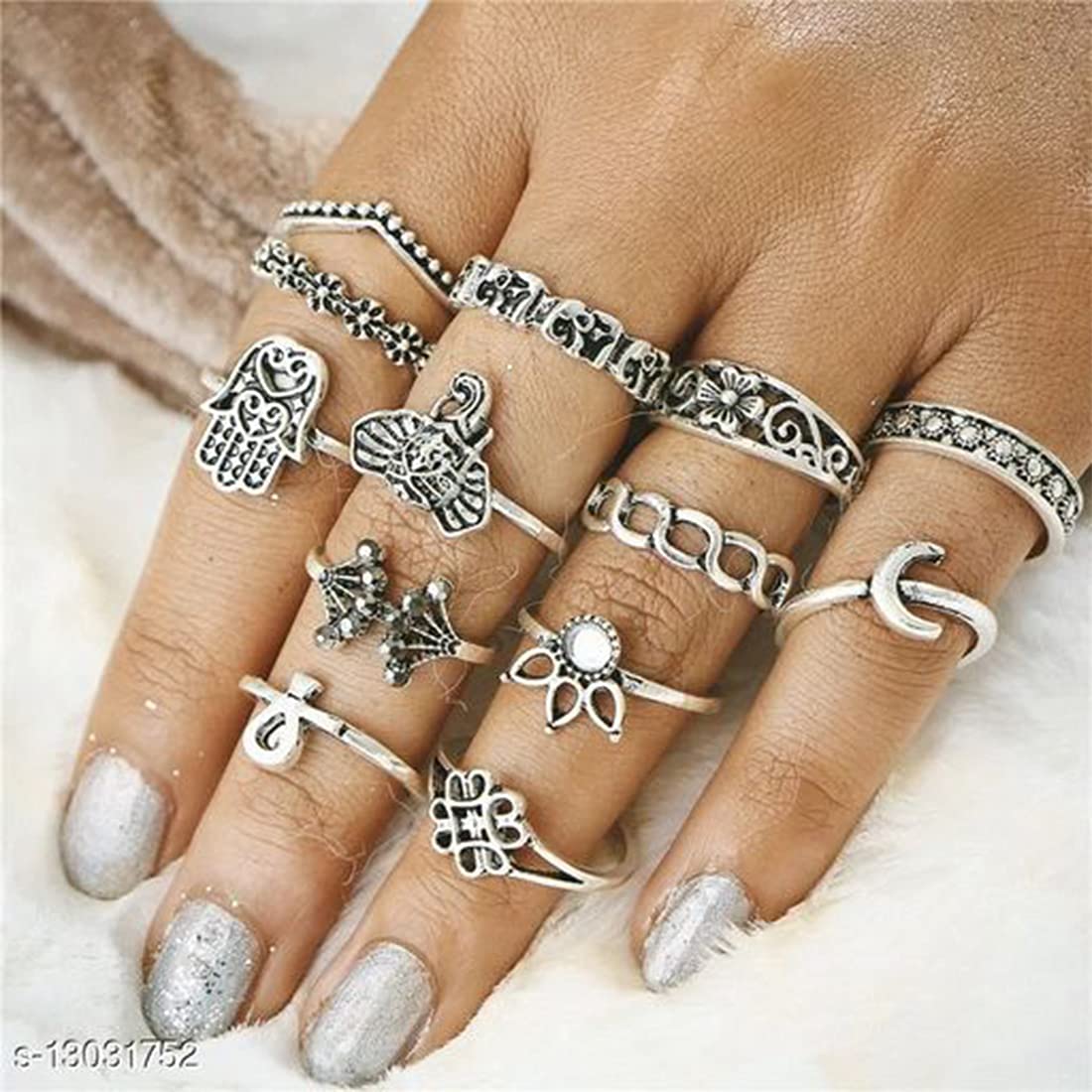 Yellow Chimes 13 Pieces Combo Multi Design Vintage Style Midi Finger Silver Oxidised Knuckle Rings Set for Women and Girls (Model Number: YCFJRG-86NKLOXD-C-SL)