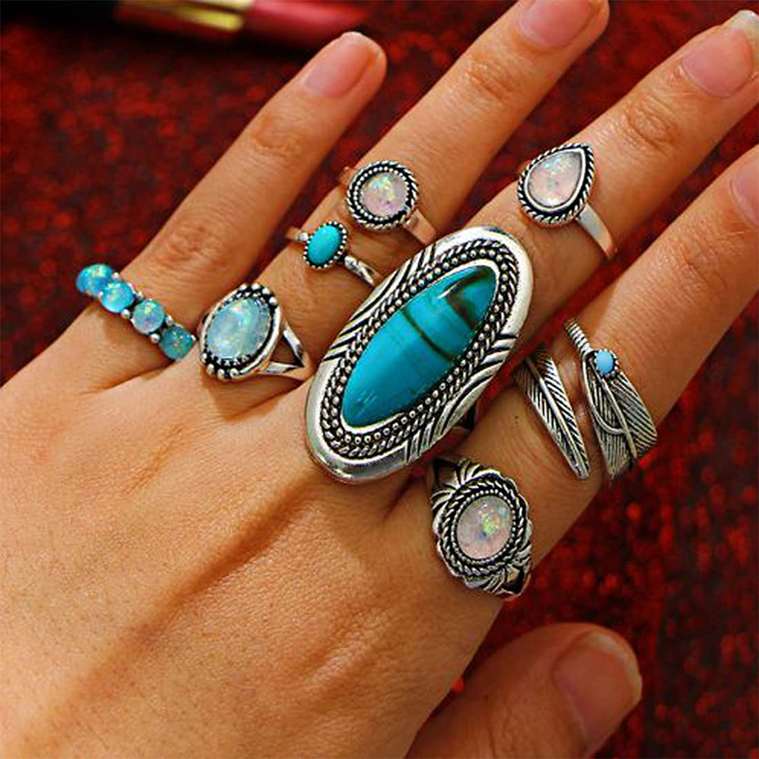 Yellow Chimes Rings for Women 8 Pcs Rings Set Turquoise Stone Vintage Style Midi Finger Silver Oxidised Knuckle Rings Set for Women and Girls.