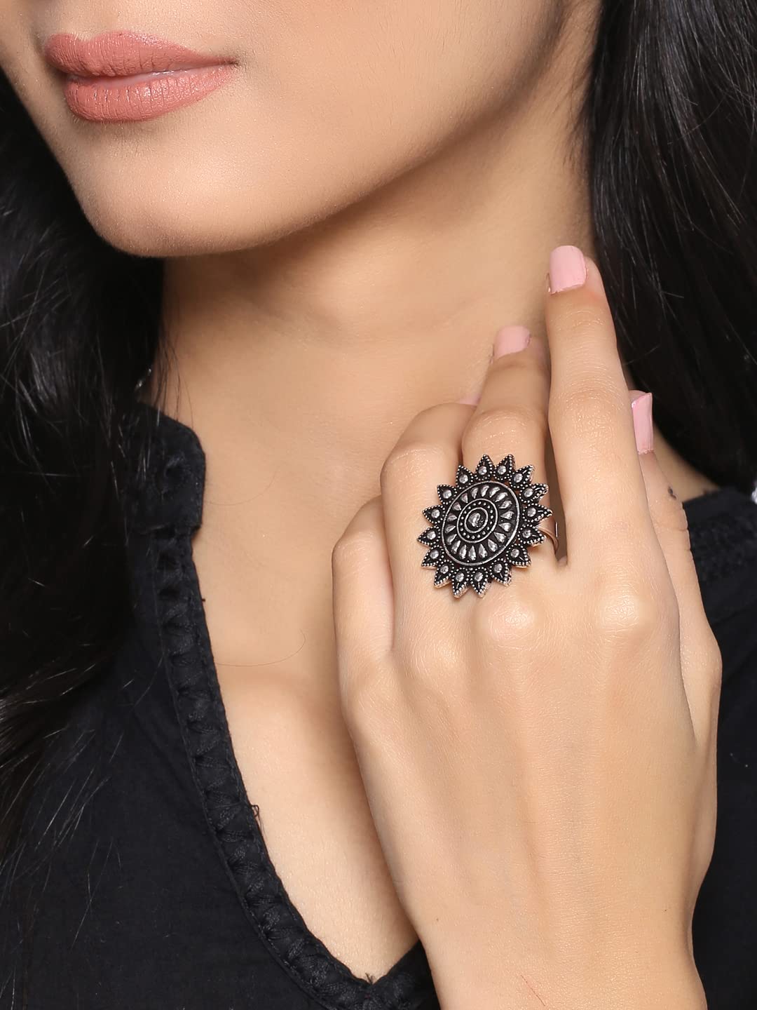 Yellow Chimes Rings for Women and Girls | Traditional Silver Oxidised Ring Set | Big Charm Floral Oxidised Rings for Girls | Floral Shaped Combo for Women | Accessories Jewellery for Women | Birthday Gift for Girls and Women Anniversary Gift for Wife