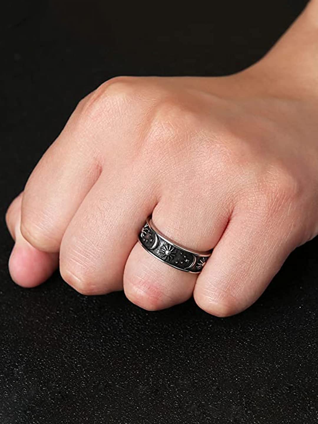 Yellow Chimes Rings for Women Stainless Steel Ring Carved Sun Moon Universe Energy Sign Statement Band Rings for Women and Girls